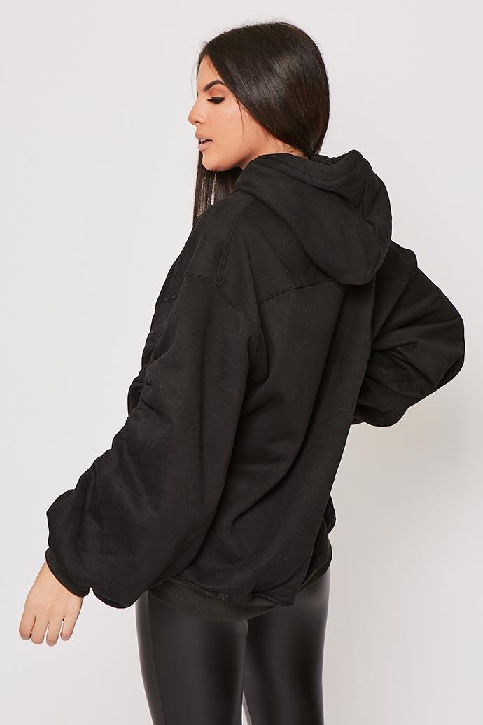 Lexi - Black Ruched Sleeve Hooded Sweatshirt