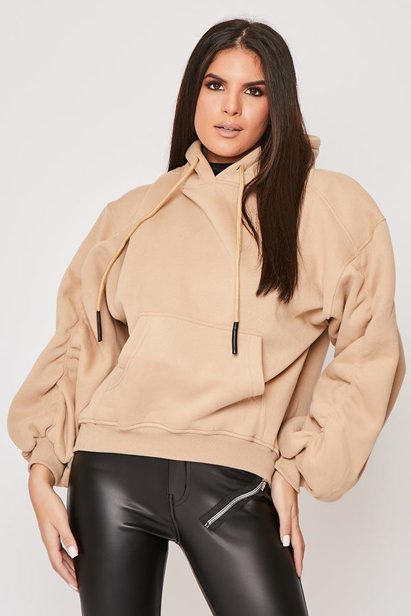 Lexi - Nude Ruched Sleeve Hooded Sweatshirt