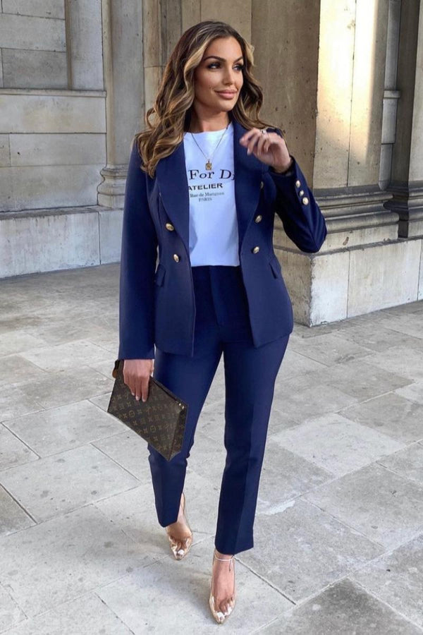 Neveah - Navy Puff Shoulder Blazer & Trouser Suit