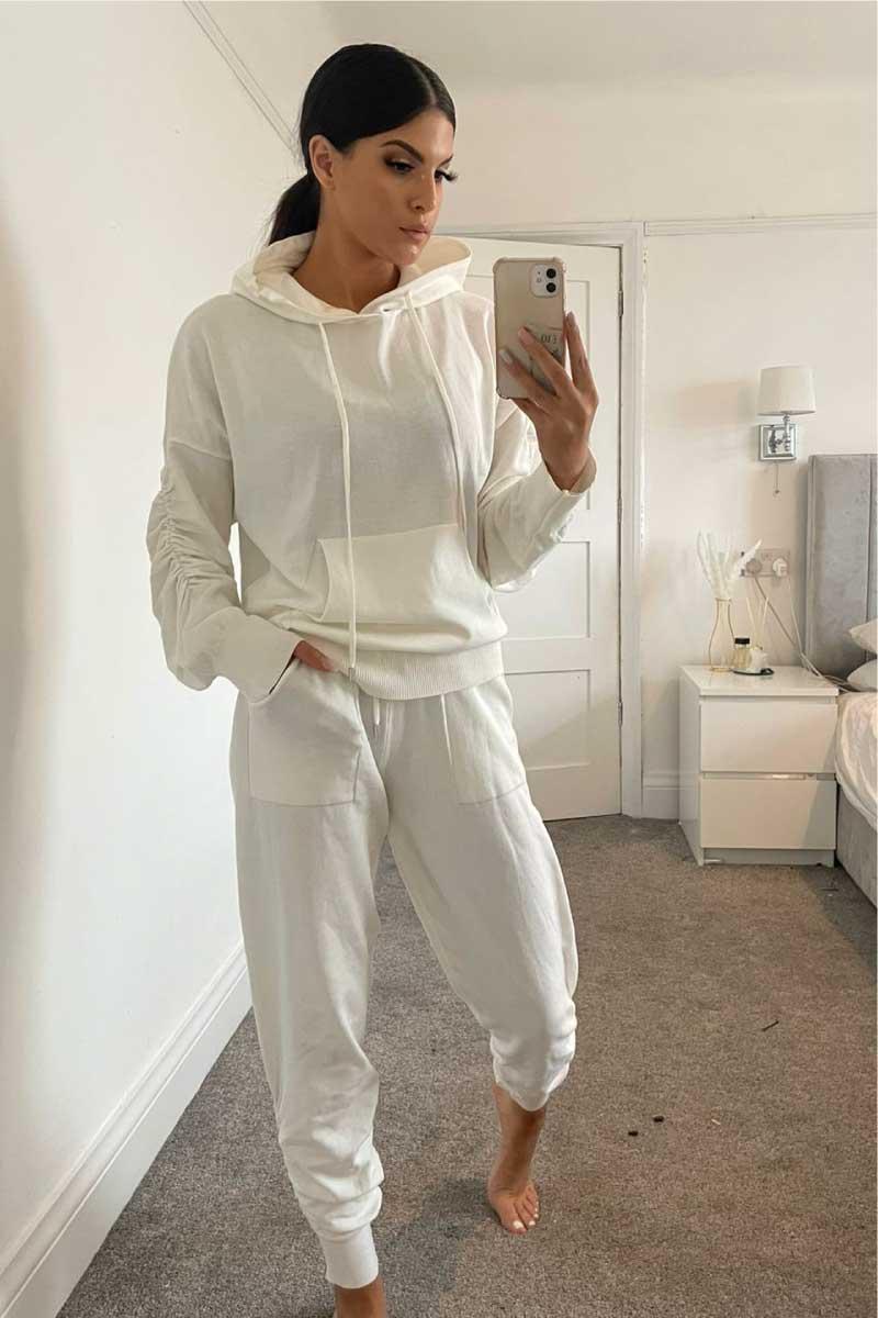 Mareena - Cream Ruched Hooded Knitted Loungewear Set, Loungewear