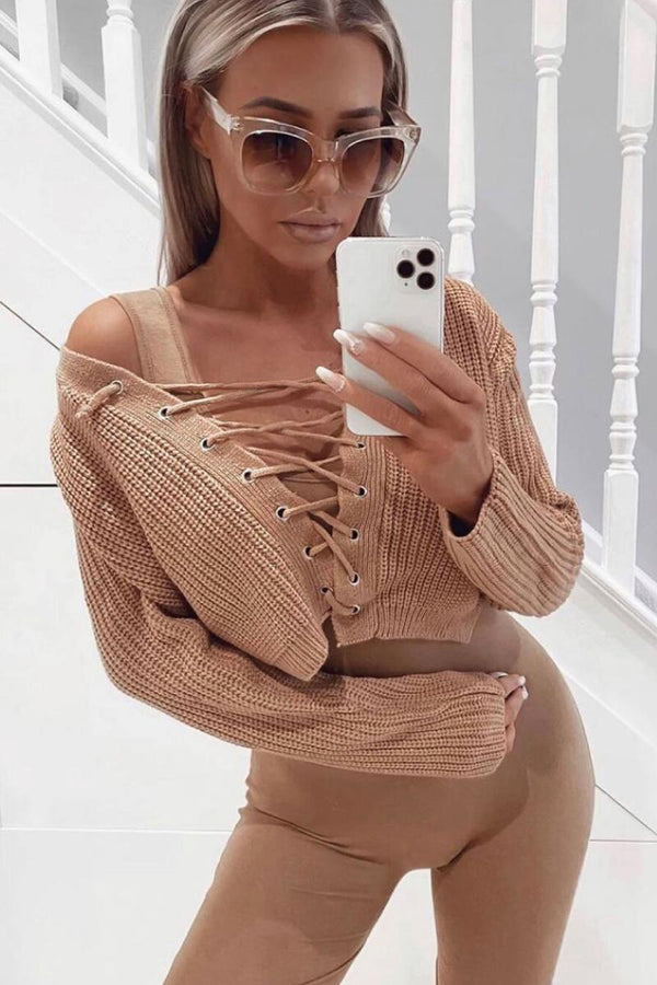 Lauren - Mocha Knitted Tied Front Crop Jumper 