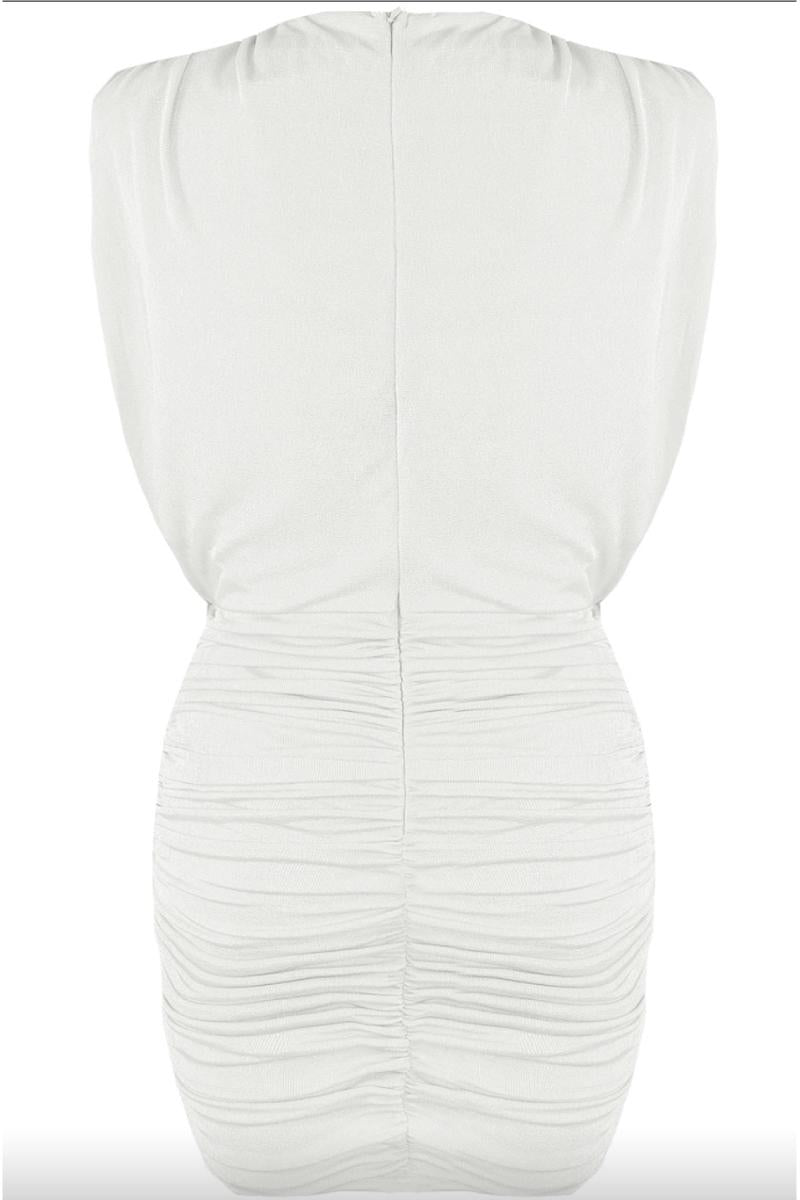 Renira - White Ruched Slinky Sleeveless Mini Dress
