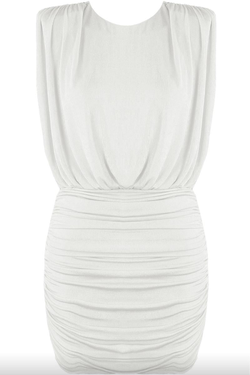 Renira - White Ruched Slinky Sleeveless Mini Dress 