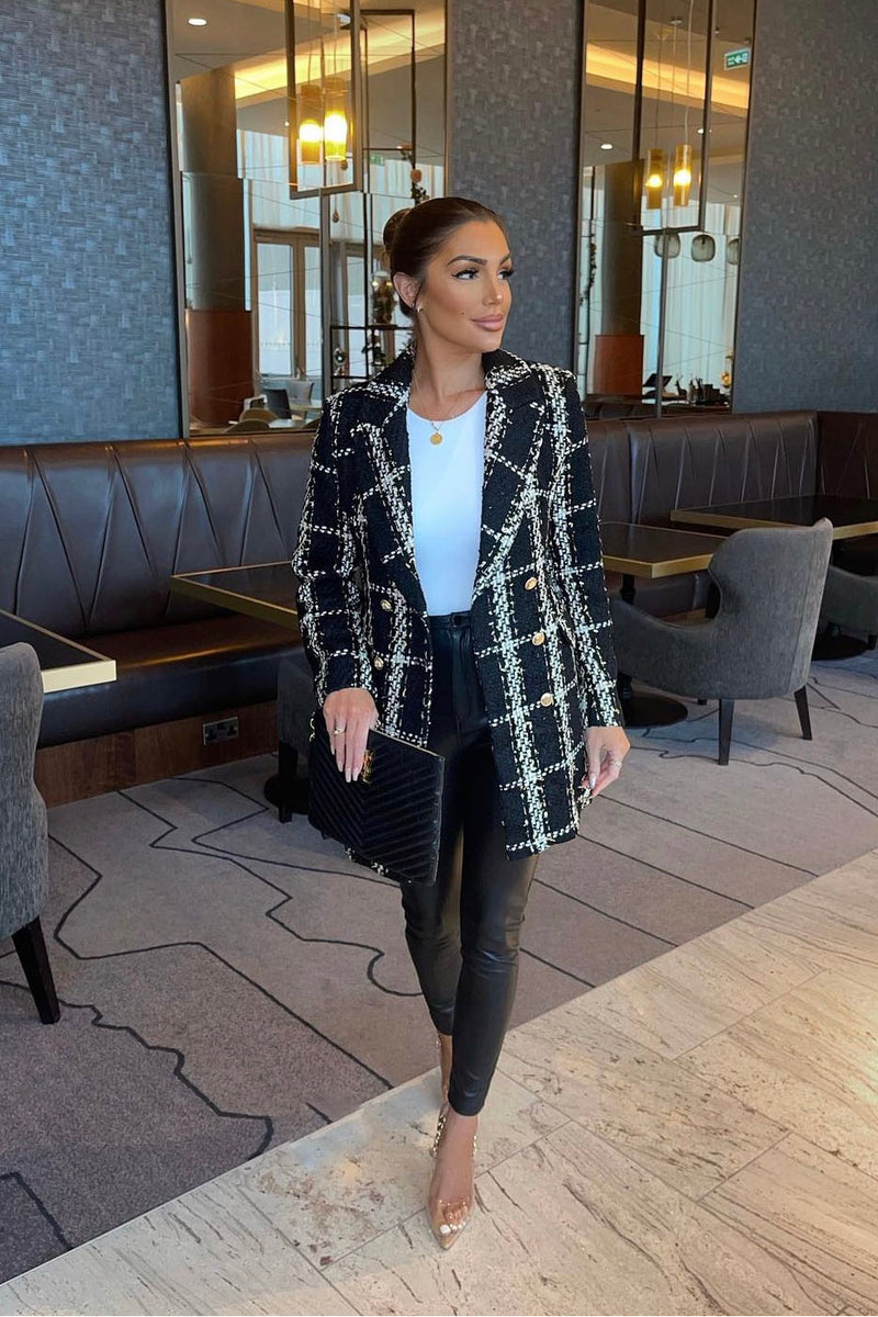 Alaana - Black & Gold Long Lined Double Breasted Tweed Blazer