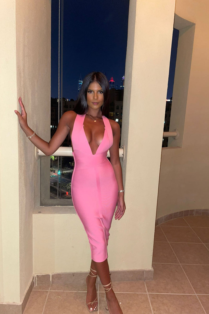 Felicity - Candy Pink Halterneck Bandage Midi Dress