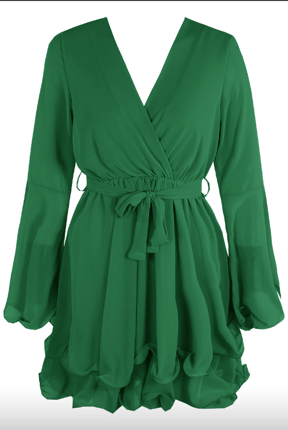 Hanella - Green Chiffon Belted Skater Dress