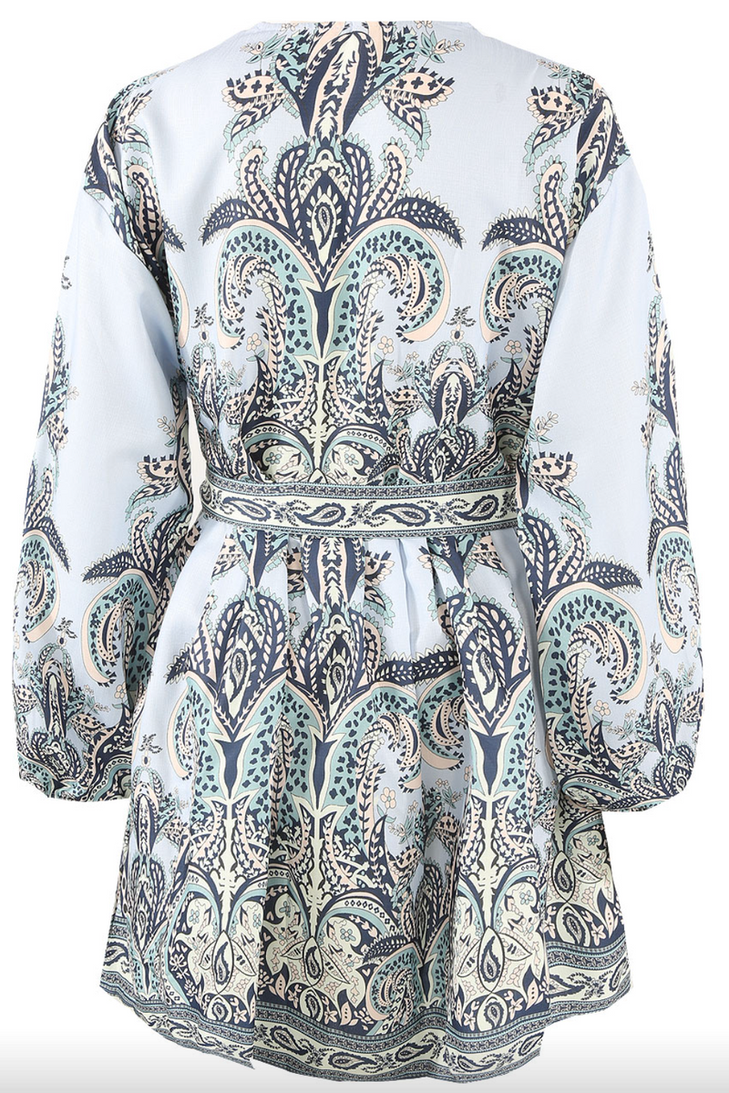 Marquis - Blue Paisley Belted Flare Mini Dress