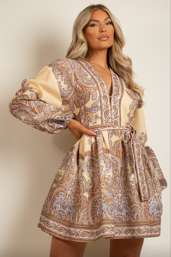 Marquis - Golden Yellow Paisley Belted Flare Mini Dress