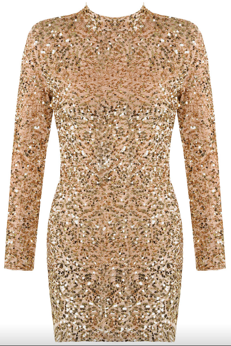 Leia - Champagne Long Sleeve High Neck Sequin Bodycon Dress