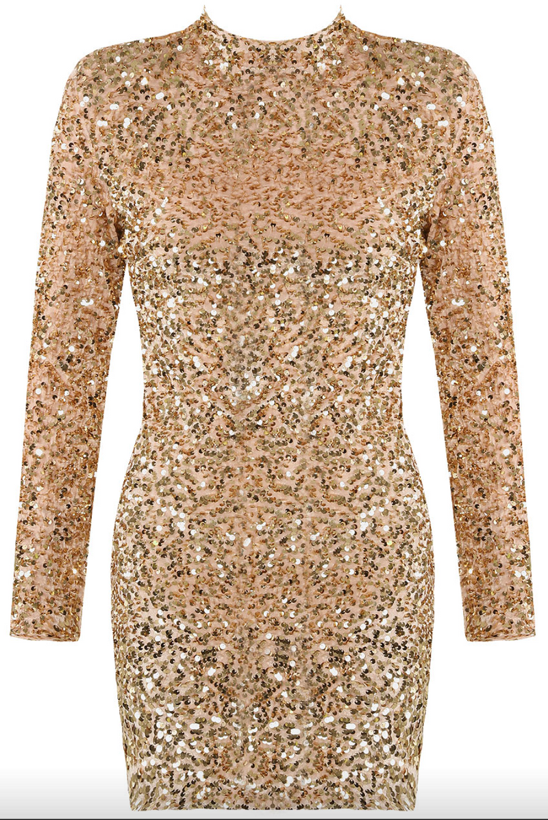 Leia - Champagne Long Sleeve High Neck Sequin Bodycon Dress Miss G Couture Leia - Champagne Long Sleeve High Neck Sequin Bodycon Dress Miss G Couture