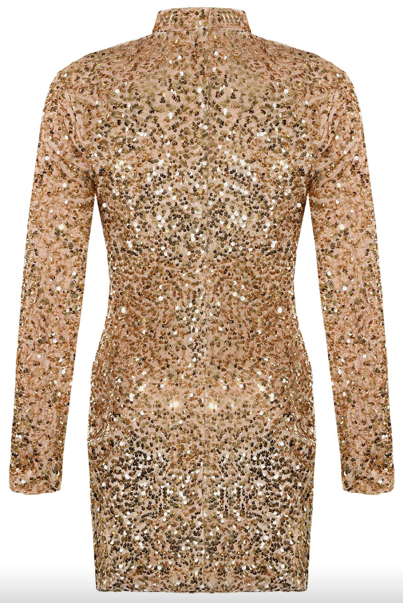 Leia - Champagne Long Sleeve High Neck Sequin Bodycon Dress