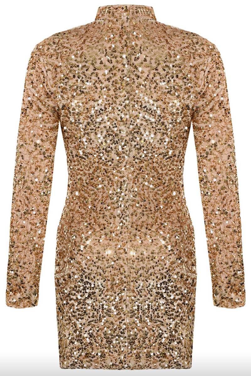 Leia - Champagne Long Sleeve High Neck Sequin Bodycon Dress Miss G Couture Leia - Champagne Long Sleeve High Neck Sequin Bodycon Dress Miss G Couture