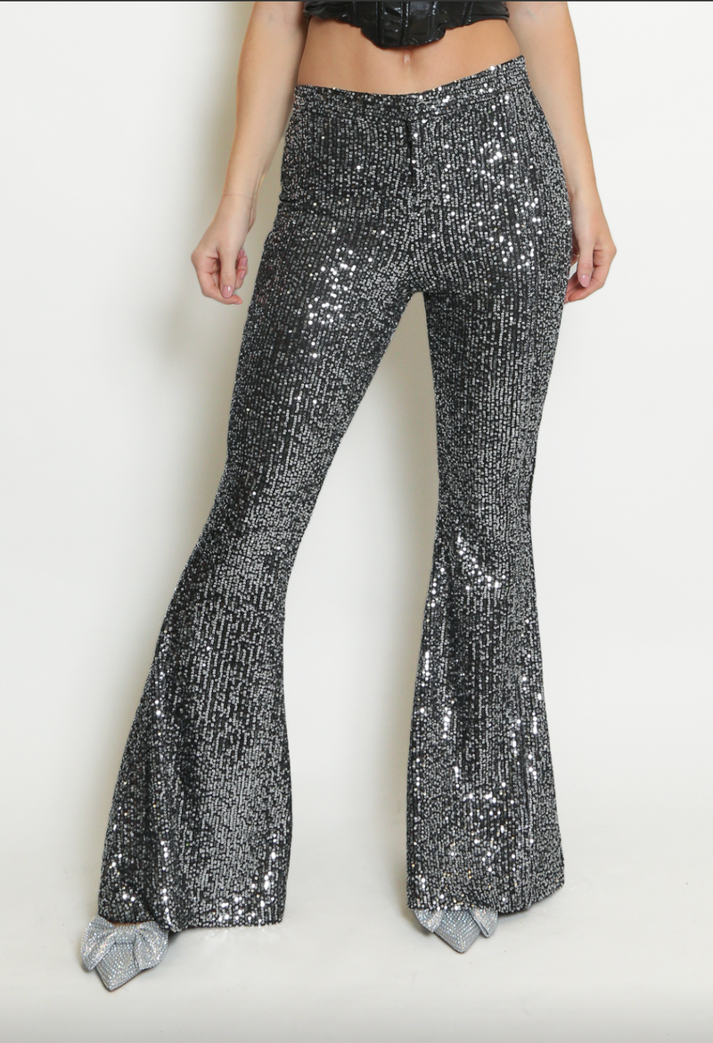 Reegan -Silver Sequin High Waisted Flared Trousers