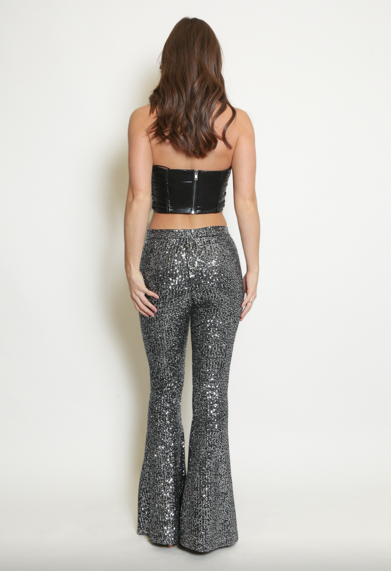 Reegan -Silver Sequin High Waisted Flared Trousers