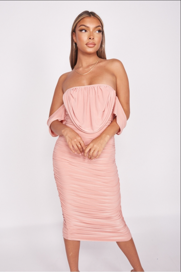 Rosea - Pink Draped Off The Shoulder Slinky Midi Dress