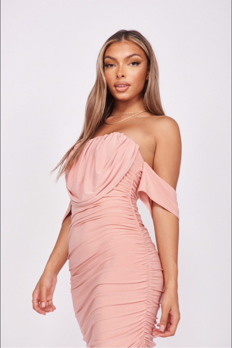 Rosea - Pink Draped Off The Shoulder Slinky Midi Dress