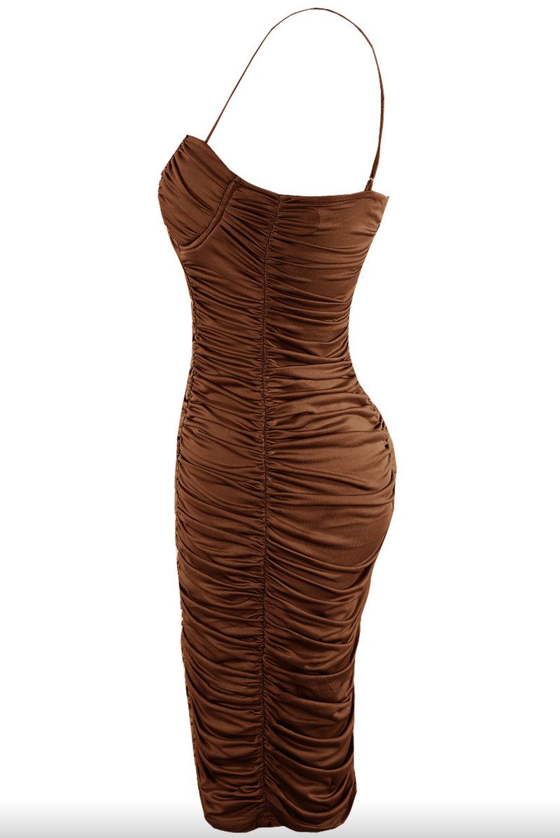 Harpa Chocolate Ruched Bodycon Dress Bodycon Dresses Miss G