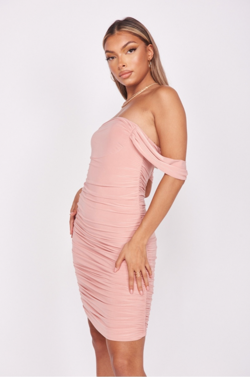 Millia - Pink Slinky Draped Sleeve Ruched Mini Dress