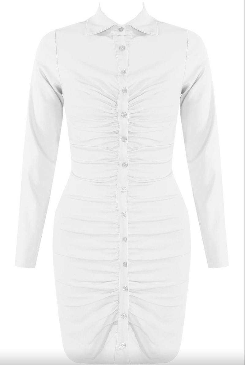 Erica - White Long Sleeve Ruched Shirt Dress
