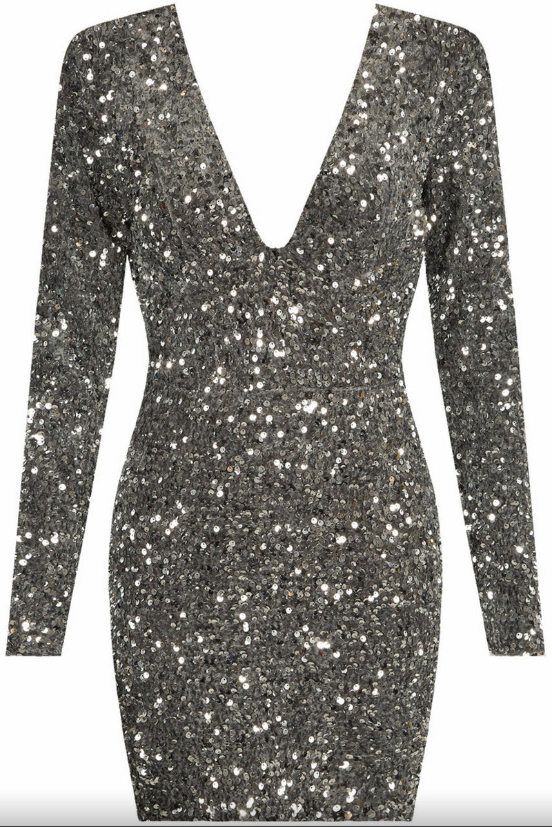 Callie - Silver Sequin Long Sleeve Bodycon Dress