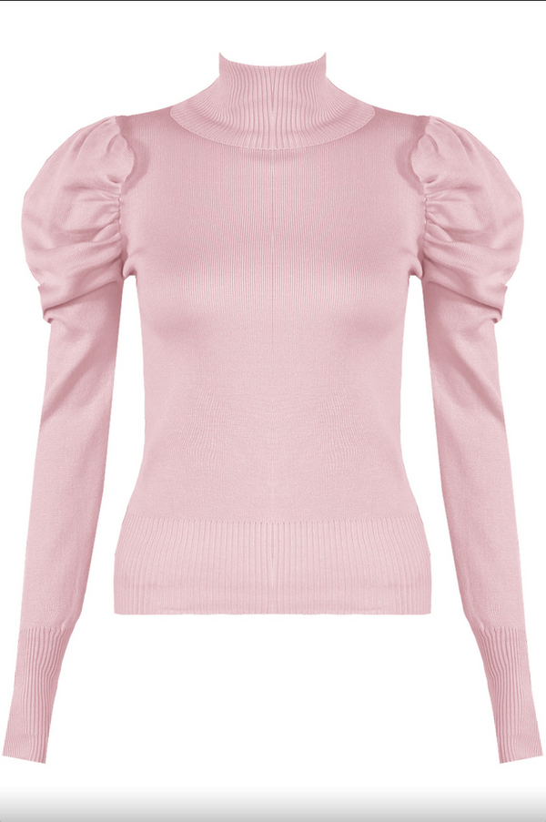 Harley - Pink High Neck Puff Sleeve Ribbed Jumper