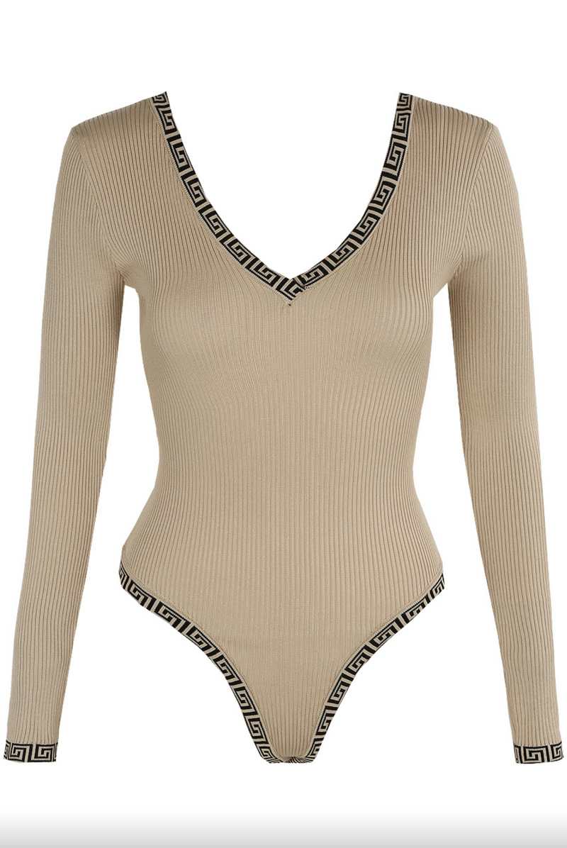 Brionie - Aztec Trim Nude Fine Knit Long Sleeve Bodysuit