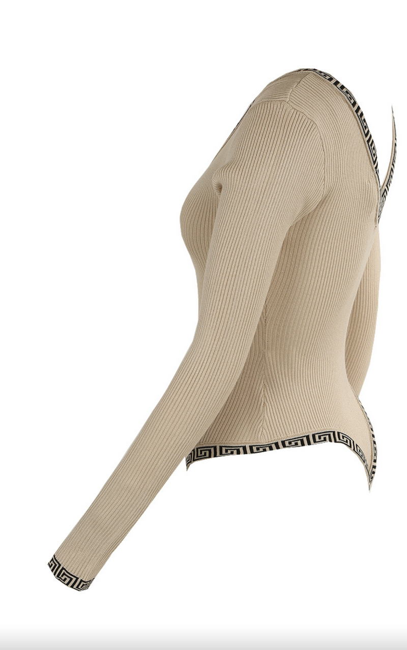 Brionie - Aztec Trim Nude Fine Knit Long Sleeve Bodysuit