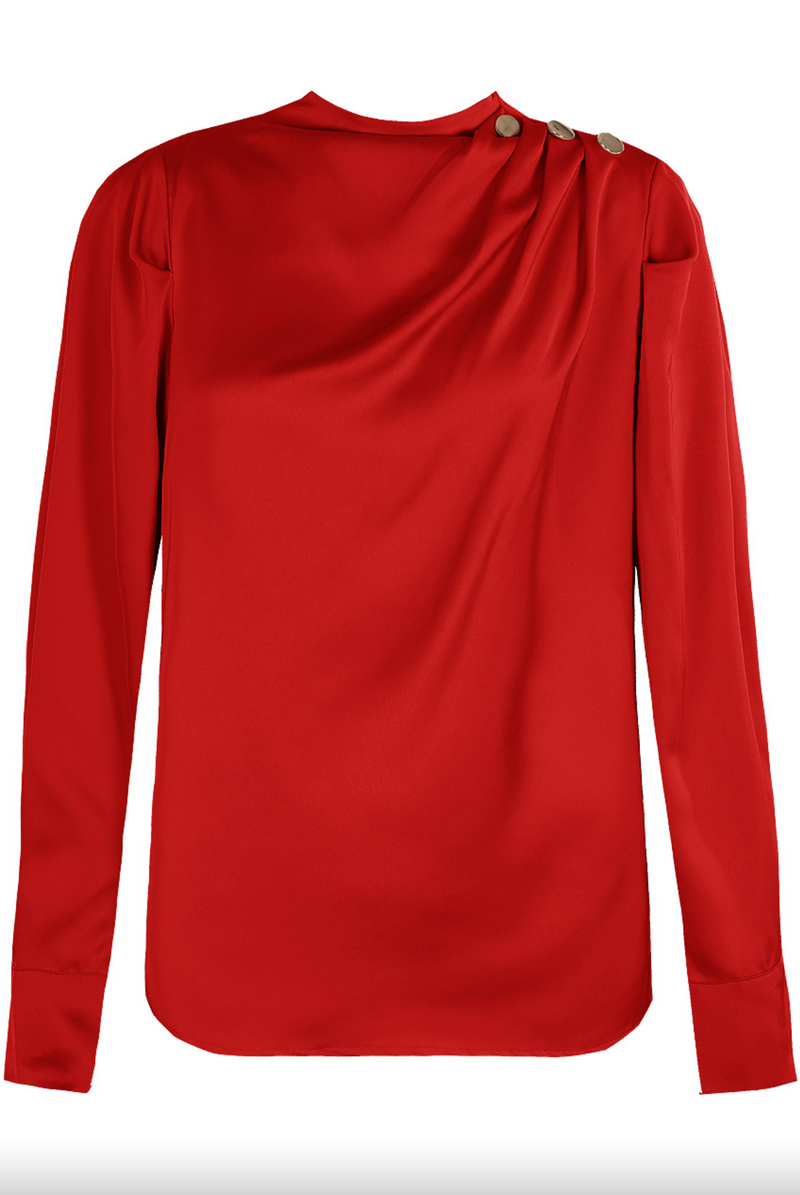 Cloey - Red Satin Pleated Blouse & Gold Button Detail