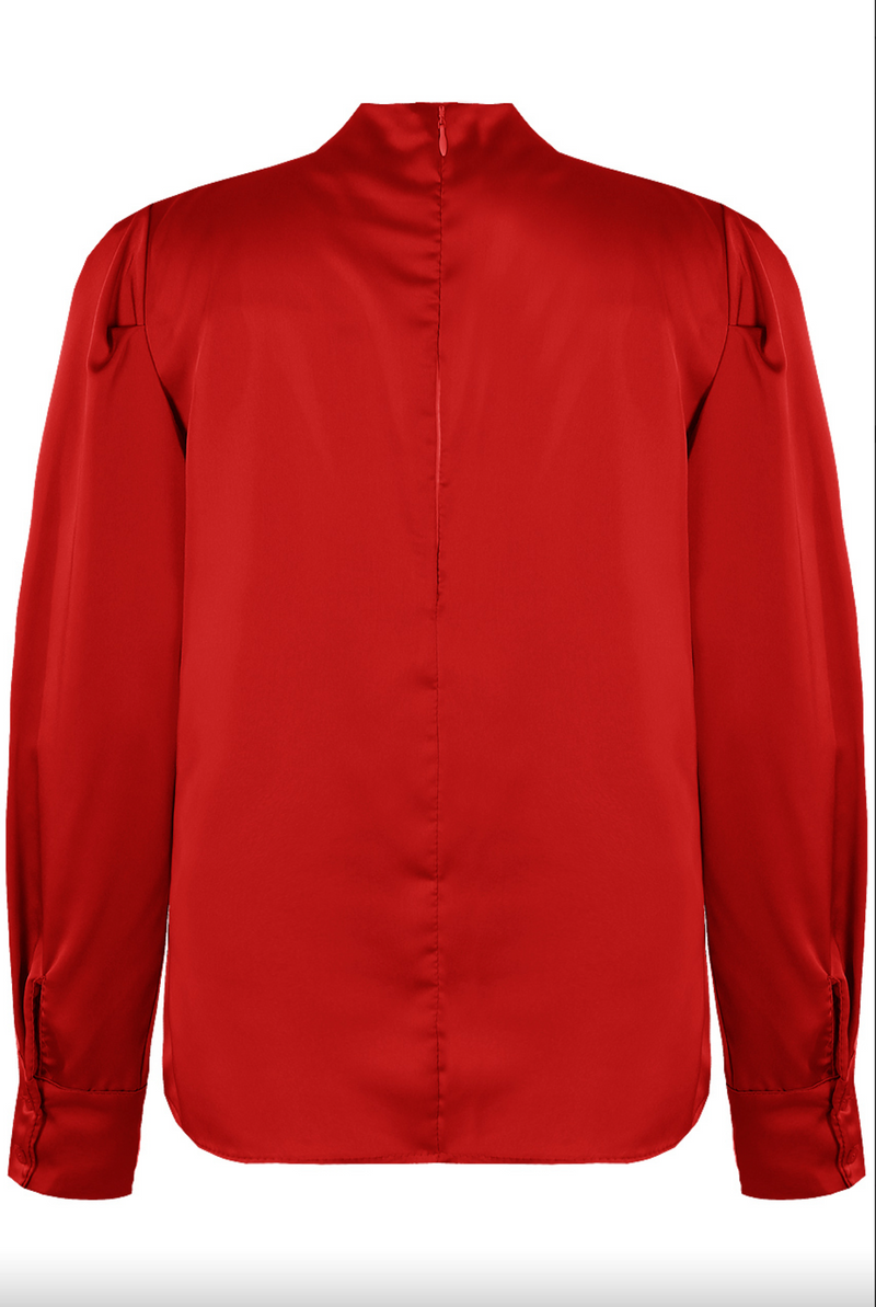Cloey - Red Satin Pleated Blouse & Gold Button Detail