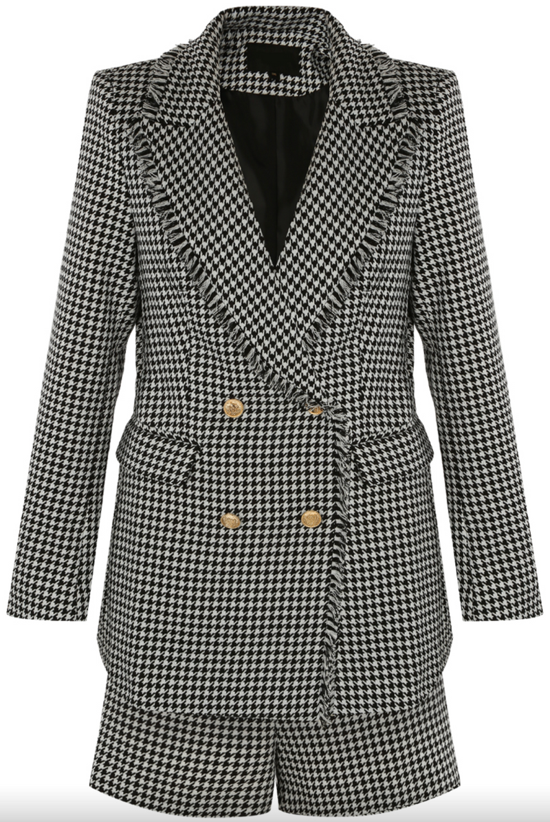 Emmalyn - Premium Black Houndstooth Gold Button Blazer & Short Set