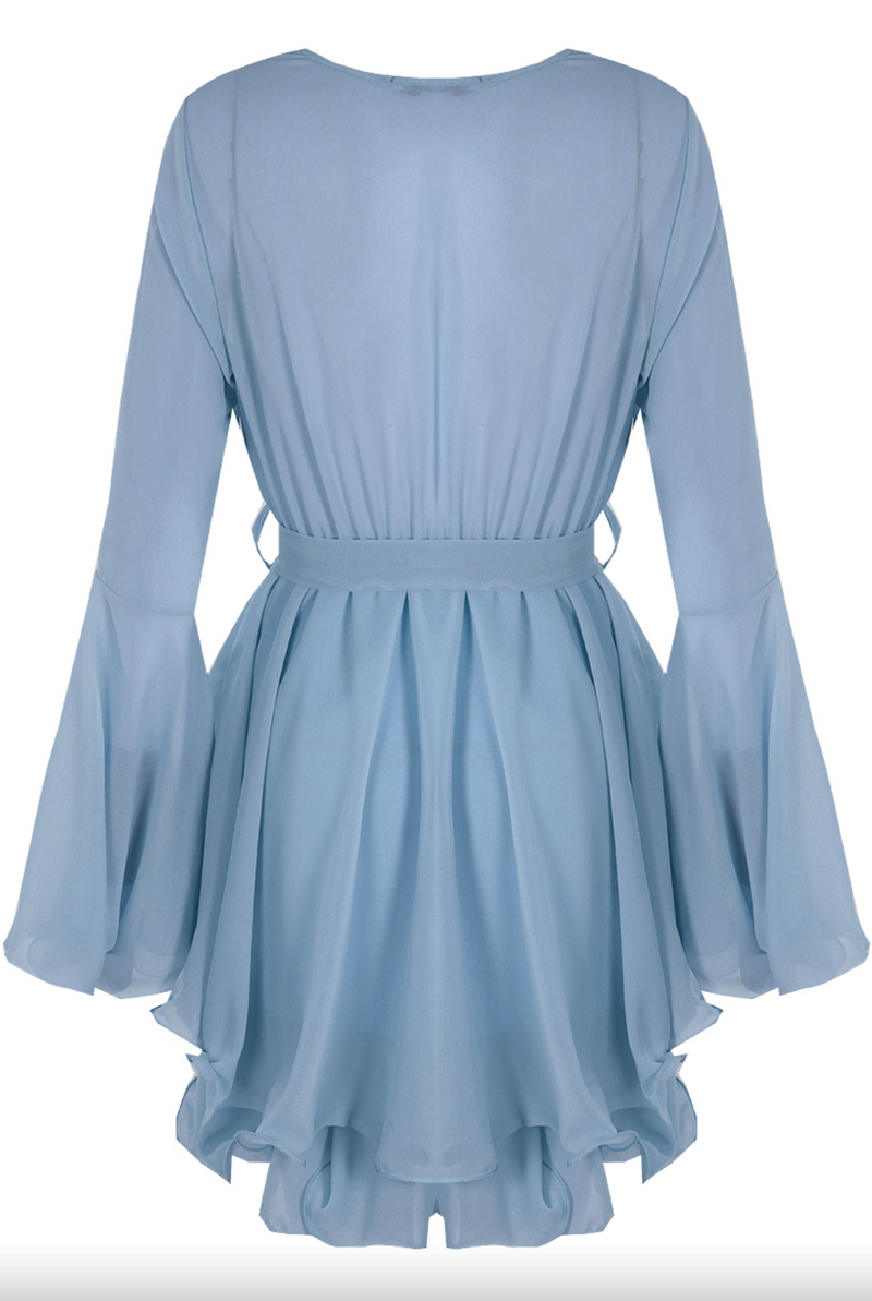 Hanella - Baby Blue Chiffon Belted Skater Dress