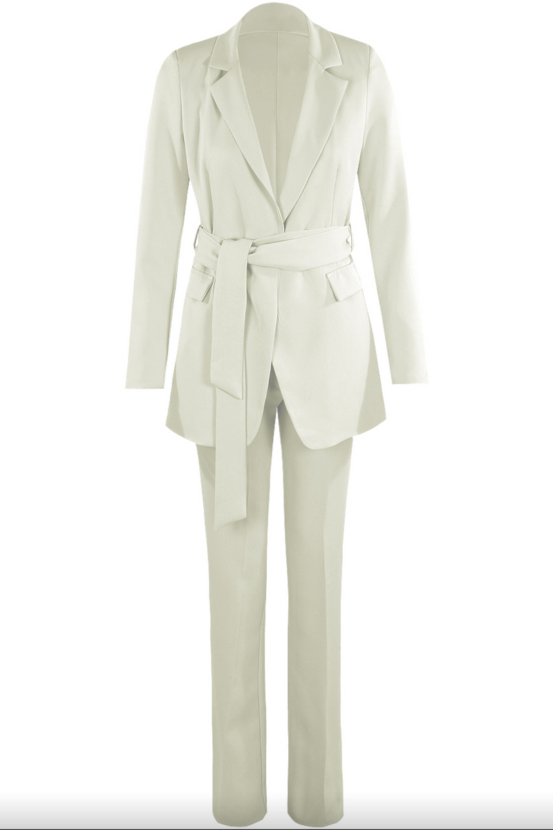 Layala - White Belted Blazer & Flared Trouser Set