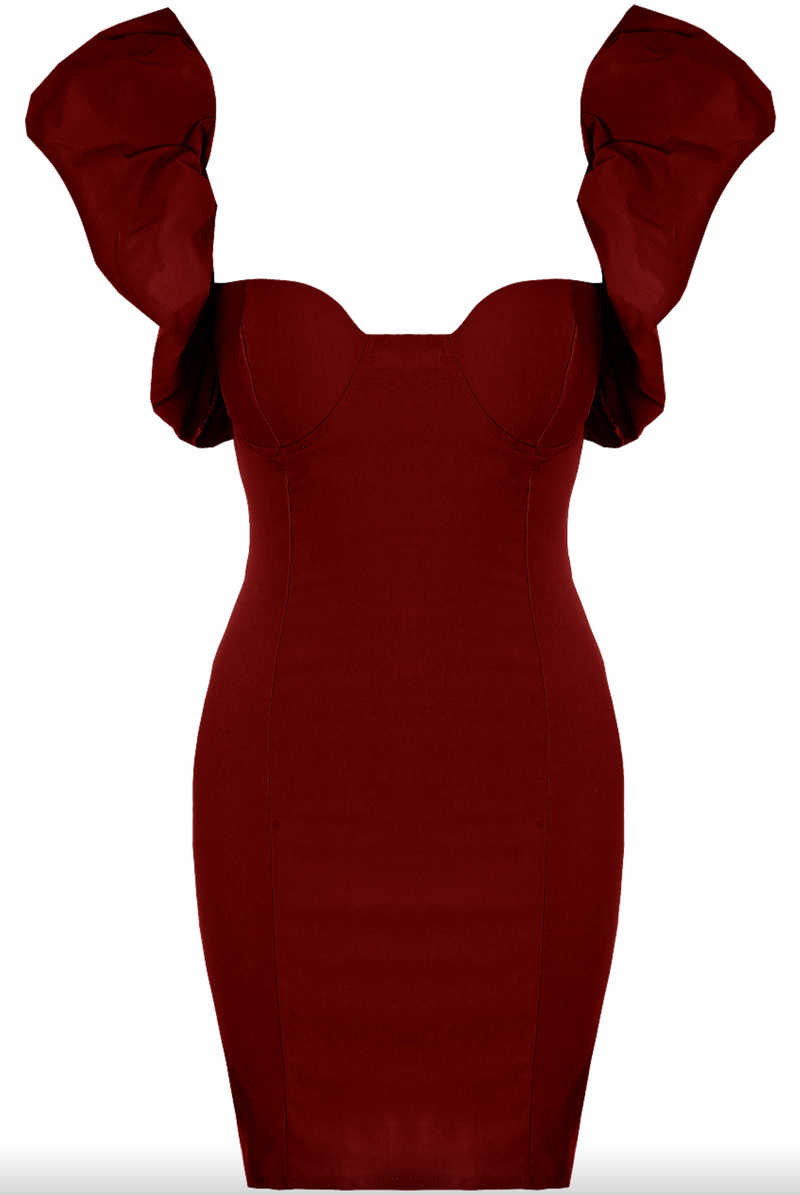 Hazel - Wine Puff Sleeve Mini Dress