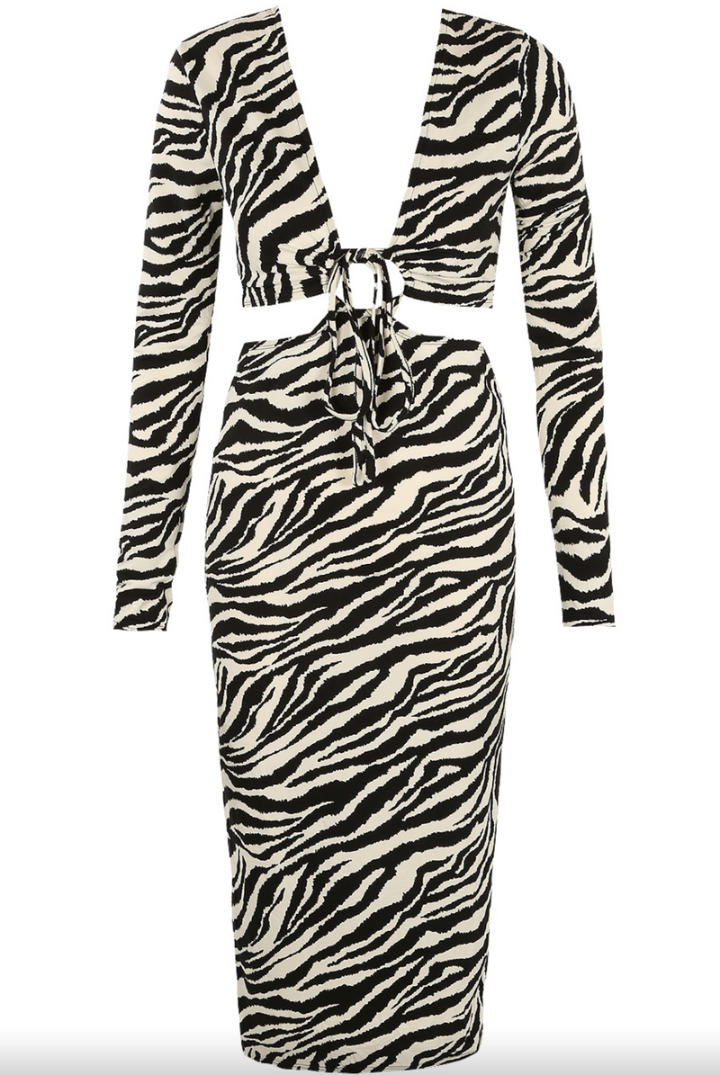 Alina - Zebra Print Long Sleeve Cut Out Midi Dress