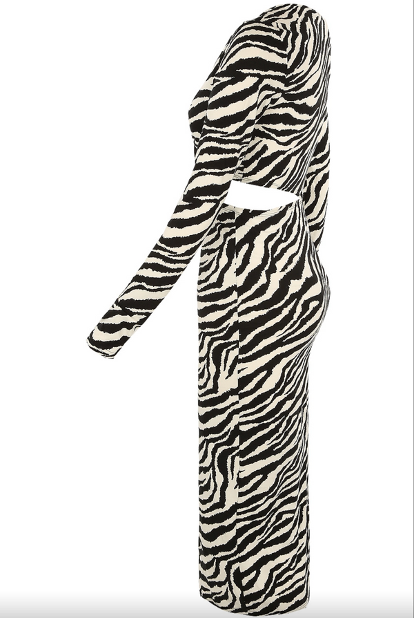 Alina - Zebra Print Long Sleeve Cut Out Midi Dress