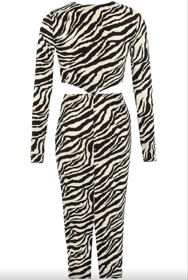 Alina - Zebra Print Long Sleeve Cut Out Midi Dress