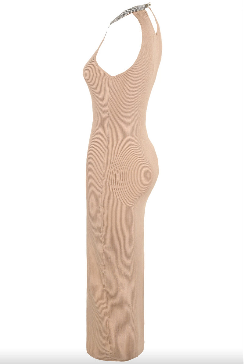 Carrie - Nude High Neck Diamante Trim Thigh Split Knitted Midi Dress