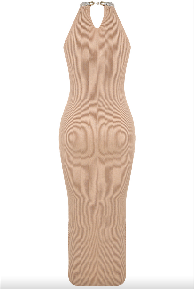 Carrie - Nude High Neck Diamante Trim Thigh Split Knitted Midi Dress