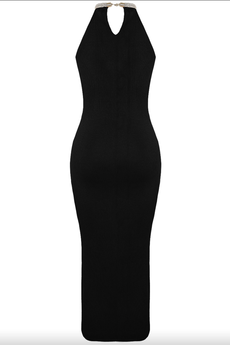 Carrie - Black High Neck Diamante Trim Thigh Split Knitted Midi Dress