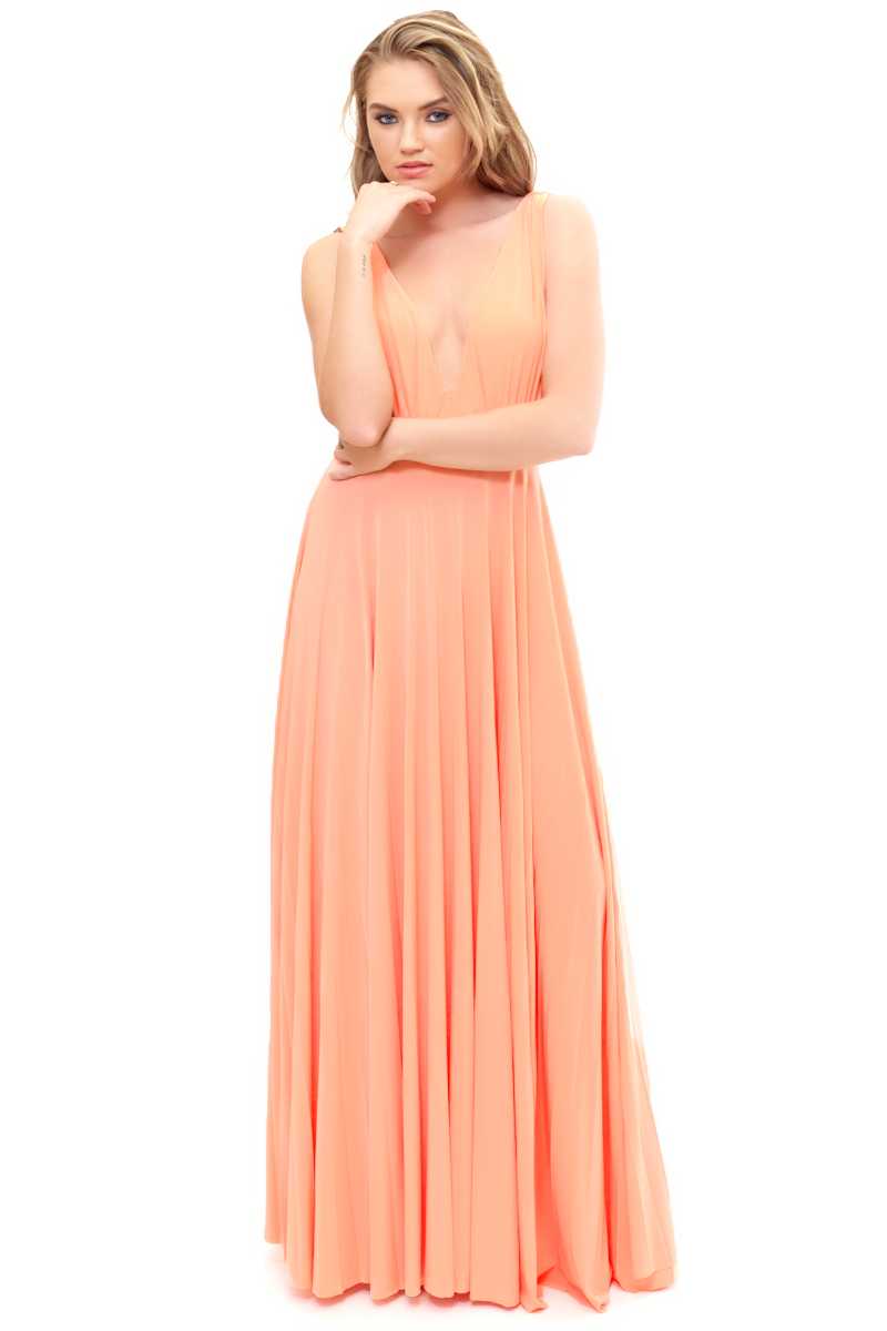 Adalene - Peach V Plunge Maxi Dress