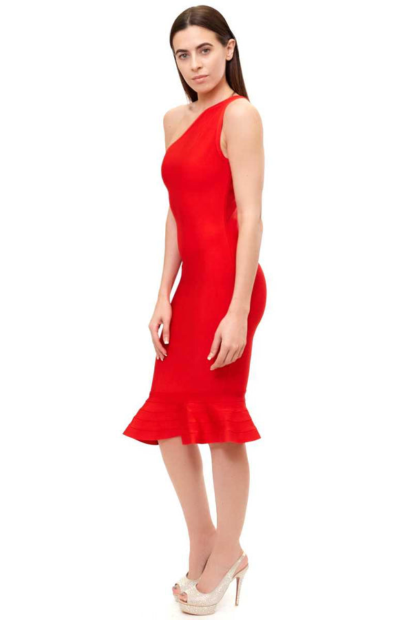 Amanda - Red One Shoulder Fishtail Bandage Dress