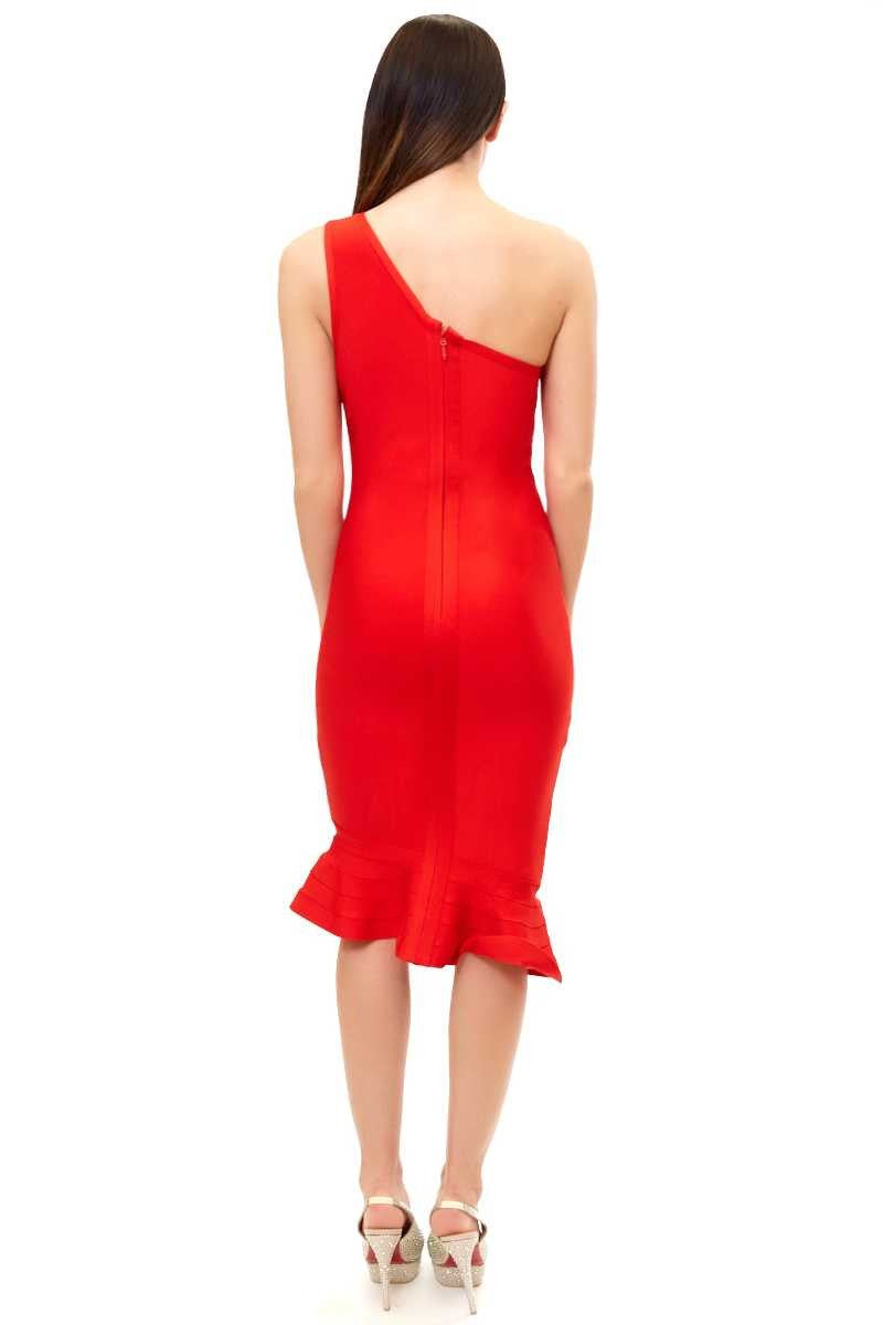 Amanda - Red One Shoulder Fishtail Bandage Dress