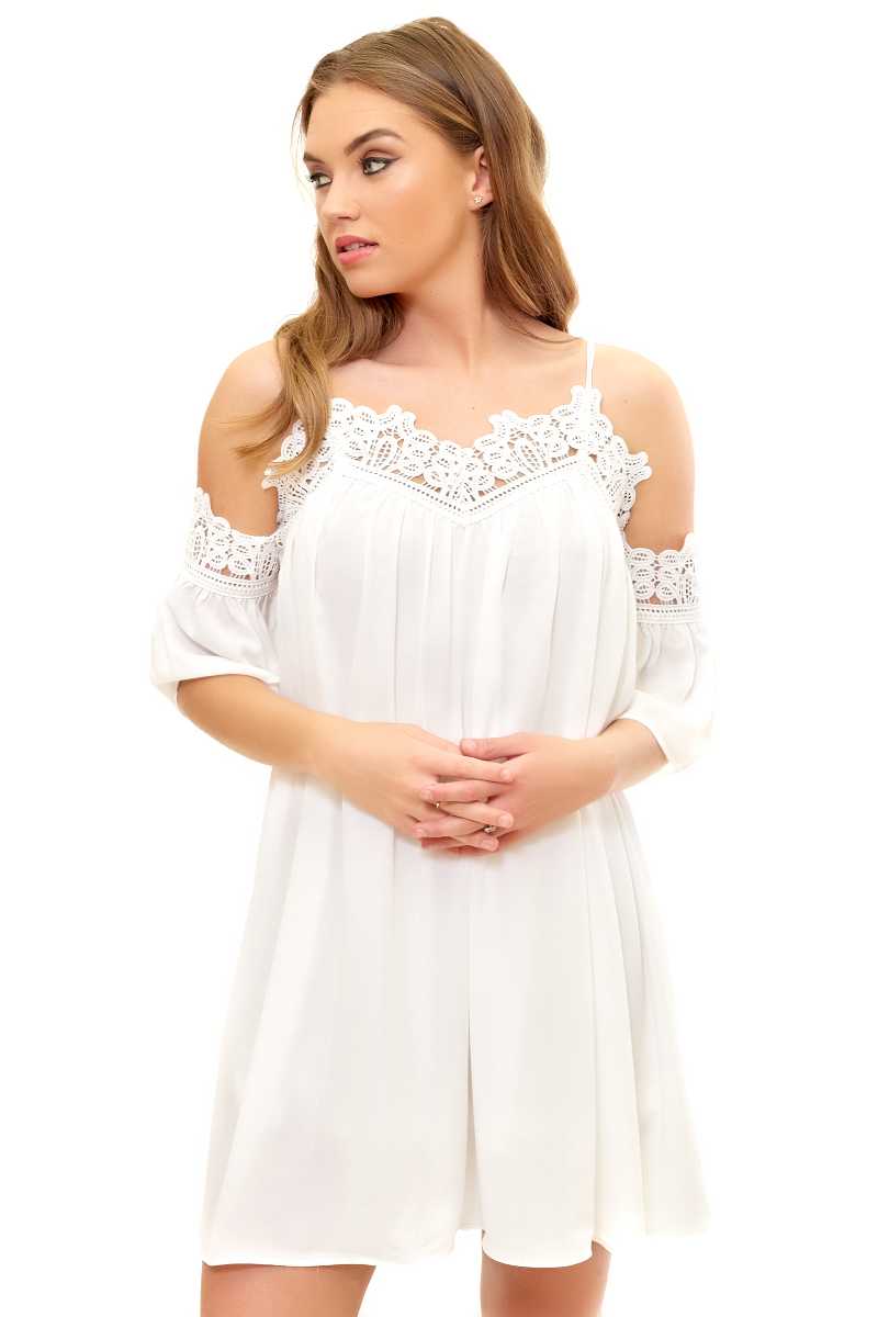 Analee - White cold shoulder crochet dress