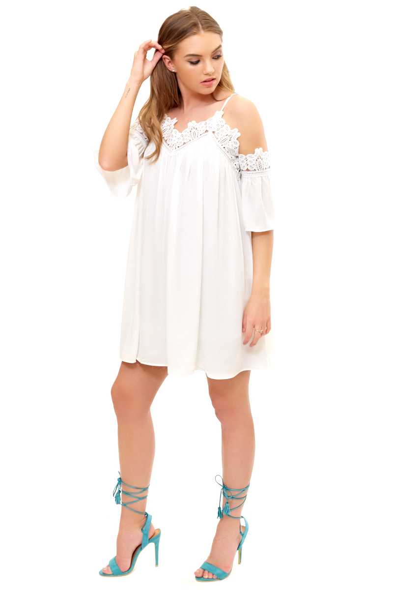 Analee - White cold shoulder crochet dress