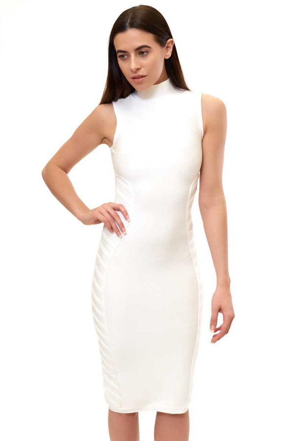 Analise - White High Neck Bandage Midi Dress