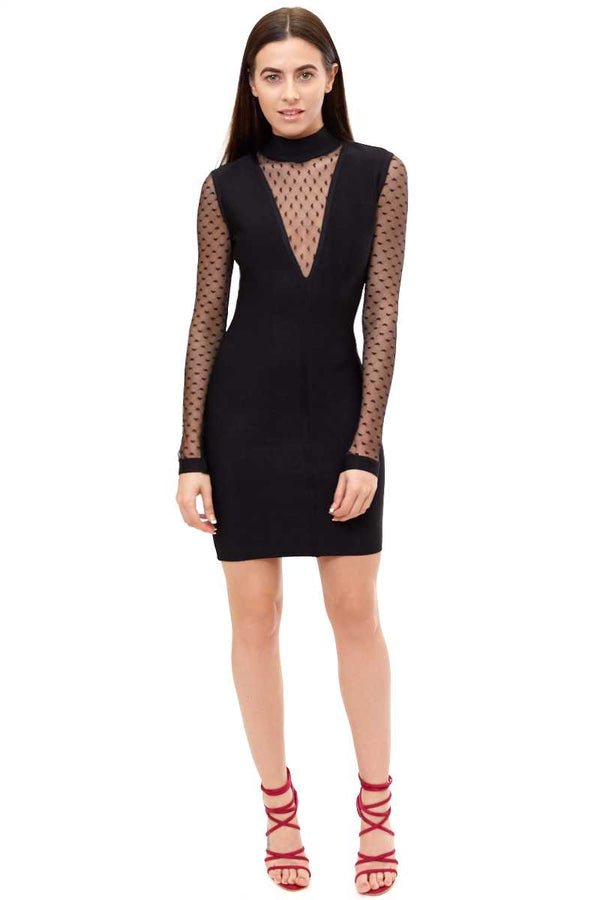 Arisu - Black Mesh Long Sleeve Bandage Dress 