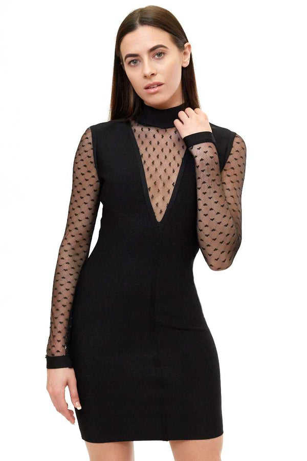 Arisu - Black Mesh Long Sleeve Bandage Dress