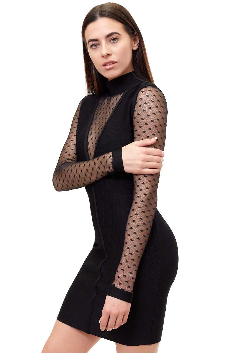 Arisu - Black Mesh Long Sleeve Bandage Dress