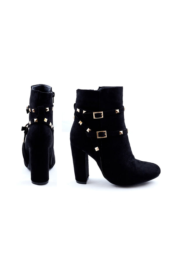 Monte - Black Faux Suede Stud Block Heeled Ankle Boots 