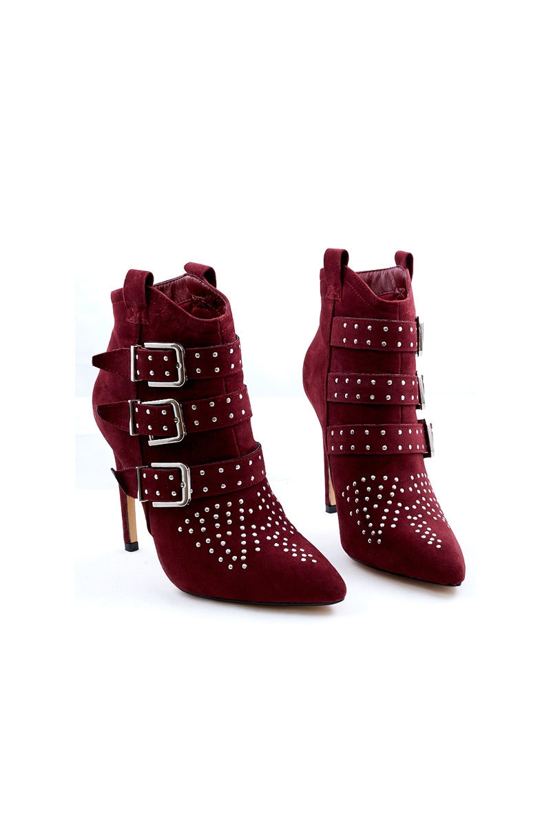 Brandie - Wine Faux Suede Buckle Studded Ankle Boots